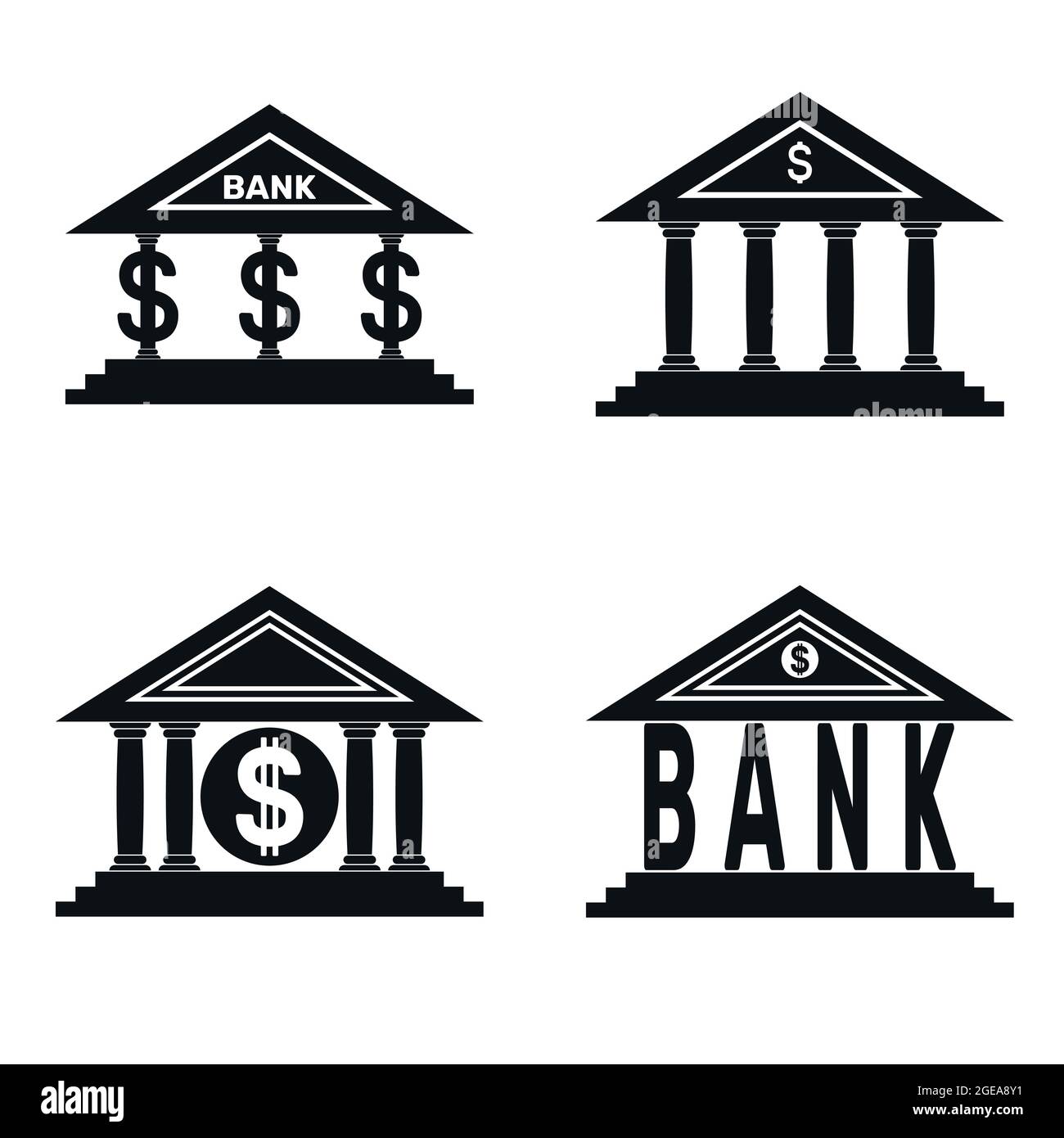 Vektor-Design von vier schwarzen Bank-Logos, Bank-Logo mit dem amerikanischen Dollar-Symbol Stock Vektor