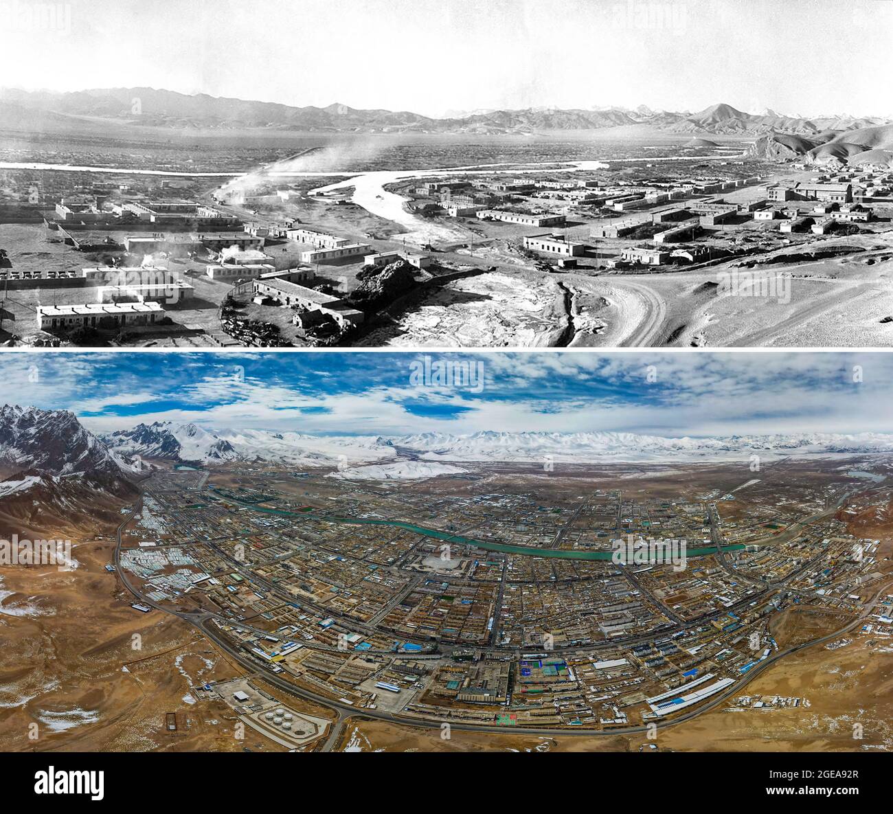 (210818) -- LHASA, 18. August 2021 (Xinhua) -- in diesem Combo-Foto zeigt der obere Teil, der von Xu Bang aufgenommen und am 17. März 1971 veröffentlicht wurde, eine Ansicht der Gemeinde Shiquanhe in Ngari in der autonomen Region Tibet im Südwesten Chinas; Der untere Teil ist ein Luftfoto, das Sun Ruibo am 21. Mai 2021 aufgenommen hat und eine Ansicht desselben Townships zeigt. Am 23. Mai 1951 wurde das Abkommen der Zentralvolkregierung und der Lokalregierung Tibets über Maßnahmen zur friedlichen Befreiung Tibets (17-Artikel-Abkommen) unterzeichnet, in dem die friedliche Befreiung Tibets offiziell verkündet wurde. Das Jahr 2021 markiert den 70. Jahreswechsel Stockfoto