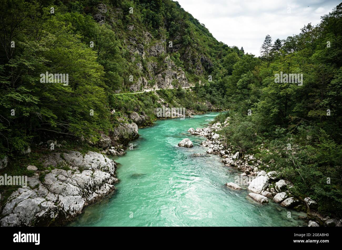 Blauer Fluss Soča mit kristallklarem Wasser im Soča-Tal (Slowenien) Stockfoto