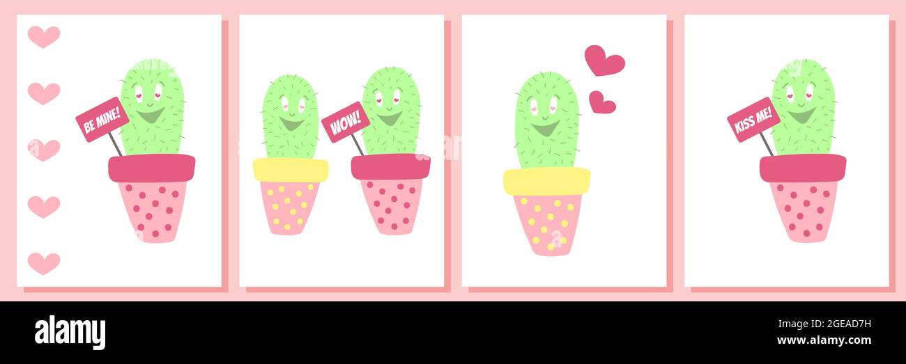 Geschenkkarte mit Valentinstag-Design. Design für Blumengeschäfte. Kaktus-Charakter verliebt in einem rosa Topf. Augen des Herzens. Witziges niedliches Set Stock Vektor