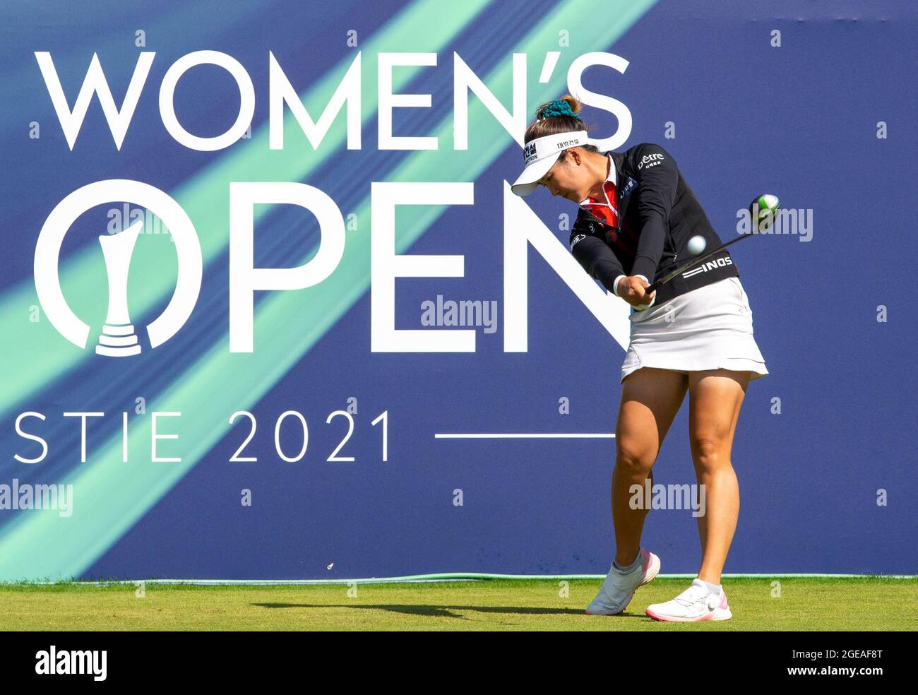 Die australische Su Oh schlägt am 1. Während eines Vorweistages vor den AIG Women's Open in Carnoustie ab. Bilddatum: Mittwoch, 18. August 2021. Siehe PA Geschichte GOLF Frauen. Bildnachweis sollte lauten: Ian Rutherford/PA Wire. EINSCHRÄNKUNGEN: Die Nutzung unterliegt Einschränkungen. Nur redaktionelle Verwendung, keine kommerzielle Nutzung ohne vorherige Zustimmung des Rechteinhabers. Stockfoto