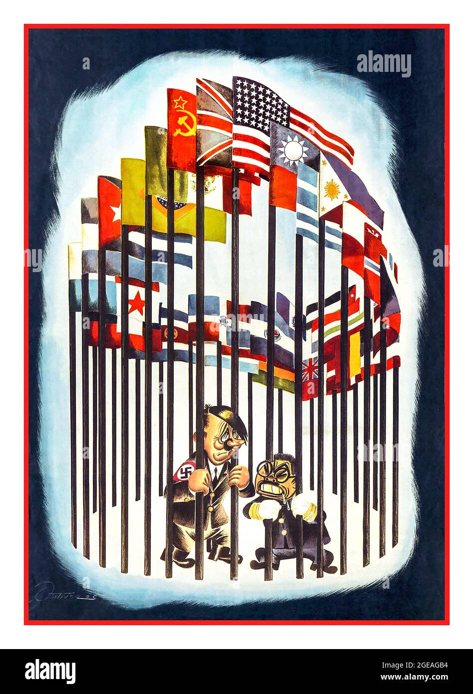 Propagandaplakat des 2. Weltkriegs der 40er Jahre mit Karikaturen von Adolf Hitler Nazi-Deutschland und Hideki Tōjō imperialen Japan, das von den umkreisten Fahnenmasten der siegreichen Alliierten des Zweiten Weltkriegs, einschließlich der USA, der Sowjetunion und des Vereinigten Königreichs, gefangen gehalten wird Stockfoto