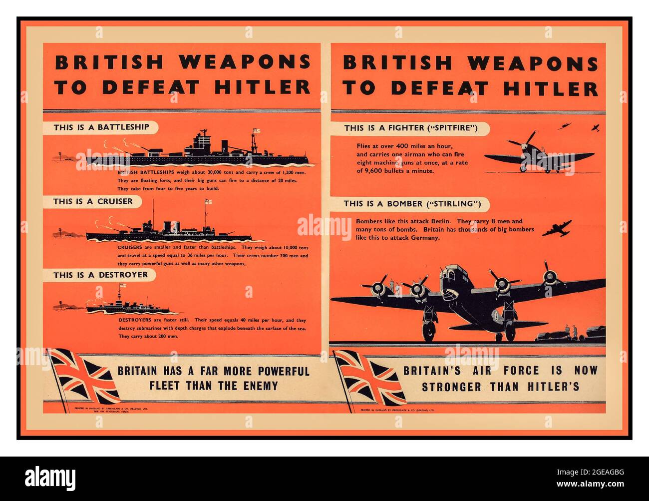 Britische Kriegspropaganda ‘Britische Waffen zur Niederlage Hitlers’, Schiffe und Flugzeuge, zwei originale Propaganda-Plakate aus dem 2. Weltkrieg, die von Greenslade um 1940 für HMSO gedruckt wurden, um die britische Moral zu stärken – zweiter Weltkrieg Stockfoto