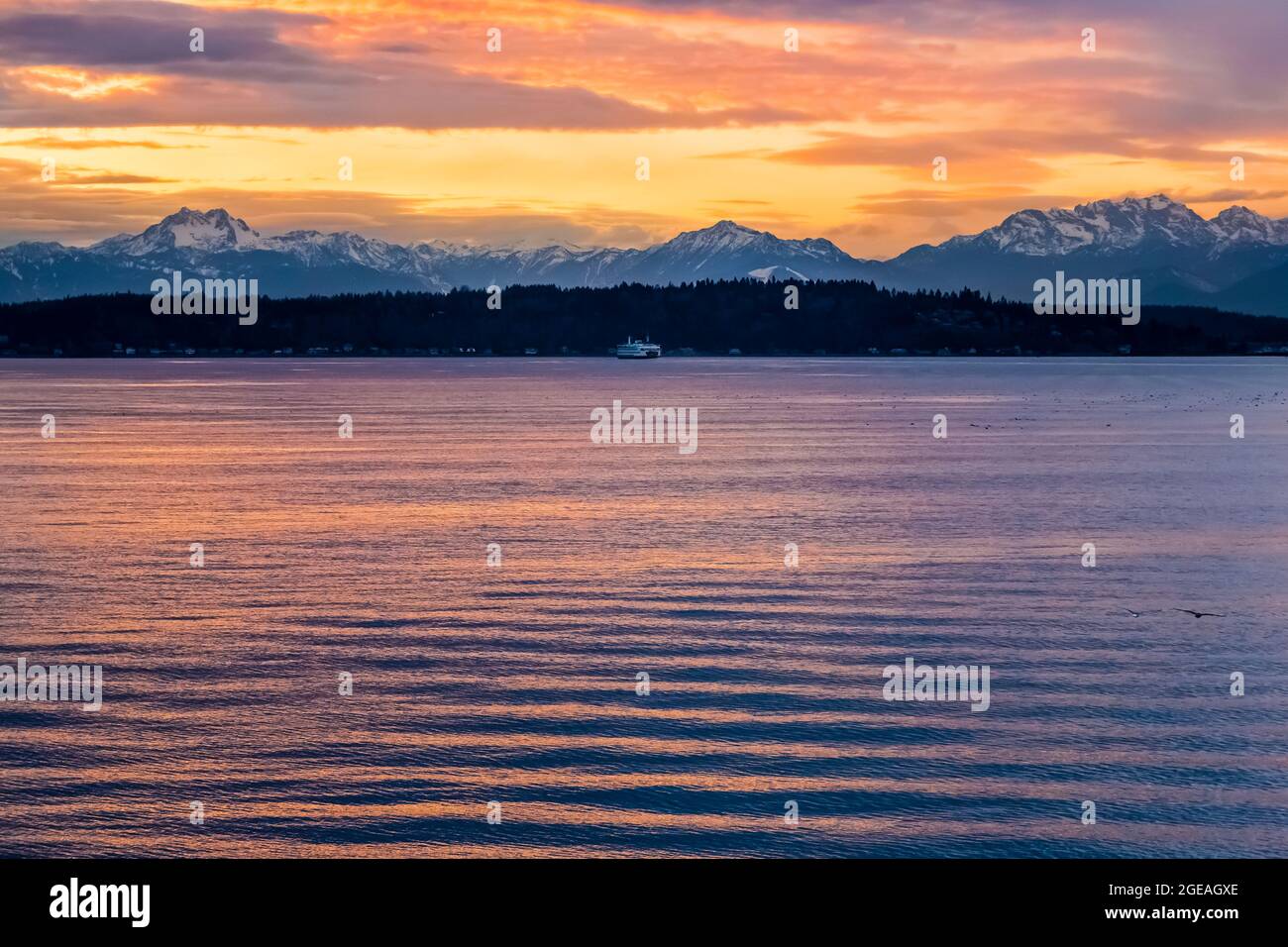 Wintersonnengang über der Elliot Bay of Puget Sound mit der fernen Bainbridge Island und den Olympic Mountains, von der Bremerton Ferry aus gesehen, Washington State, Stockfoto