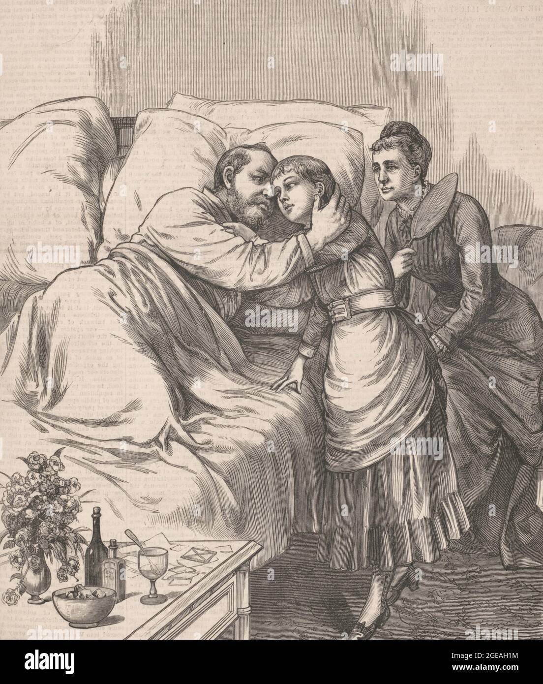 Der Attentat auf den Präsidenten - ein Morgengruß von Frau und Tochter des Präsidenten - zeigt auf der Druckansicht Präsident Garfield nach einem Attentat während des Besuchs seiner Frau und Tochter im Bett liegend - am 23. Juli 1881 Stockfoto