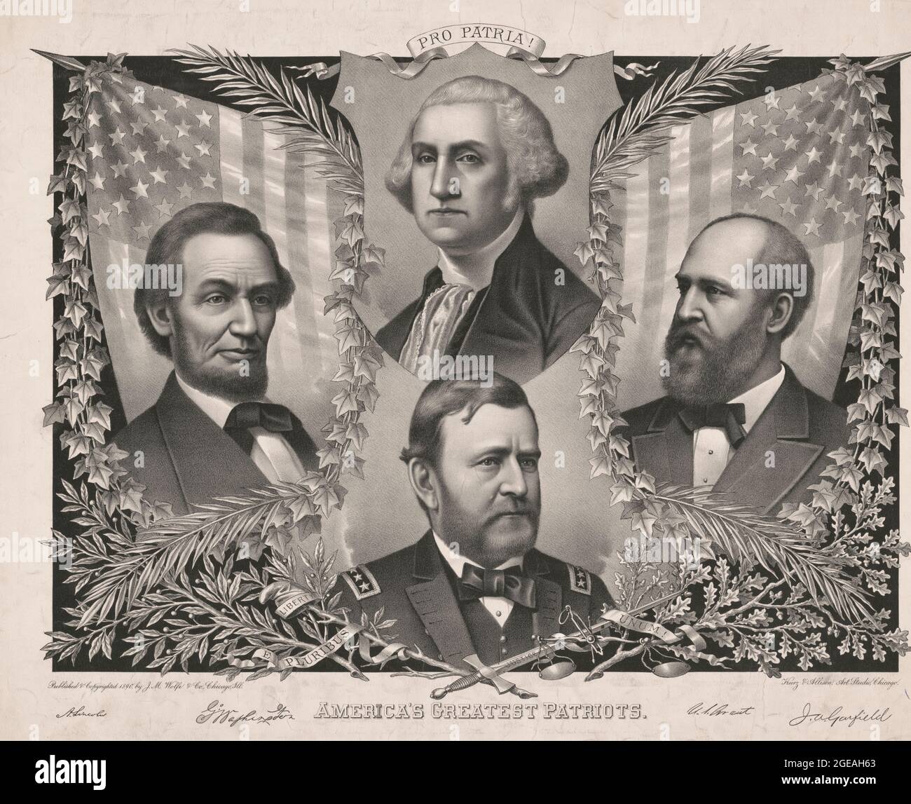 Amerikas größte Patrioten - Poster mit Amerikas größten Patrioten als George Washington, Abraham Lincoln, Ulysses Grant und James Garfield, um 1890 Stockfoto