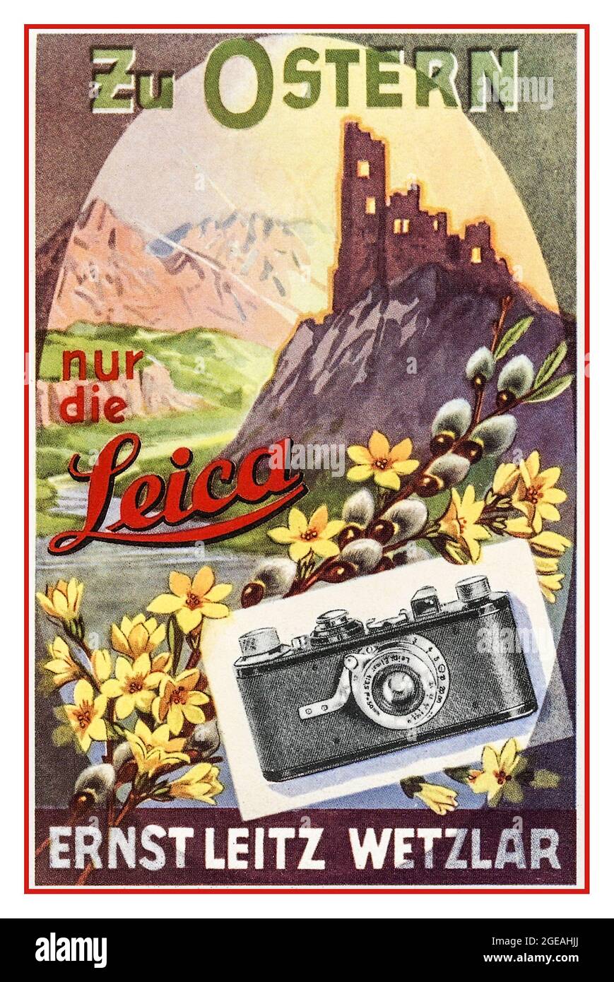 Vintage LEICA EINE 35-mm-Kamera aus den 1920er Jahren, ein Pressewerbeplakat 'zu Ostern nur die Leica'. Nur die Leica zu Ostern Stockfoto