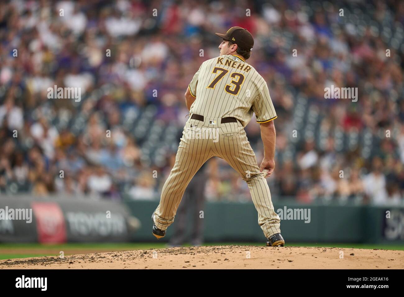 August 17 2021: San Diego Pitcher Reiss Kehr( 73) wirft während des Spiels mit San Diego Padres und Colorado Rockies, das im Coors Field in Denver Co. David Seelig/Cal Sport Medi stattfand, einen Pitch Stockfoto