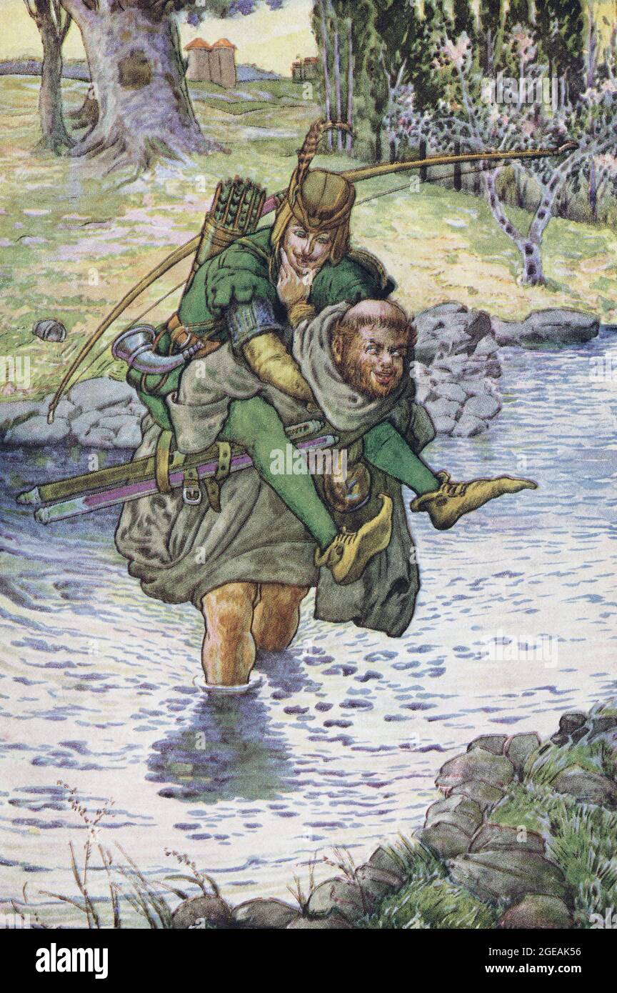 Pater Tuck trägt Robin Hood über den Bach. Nach einer Illustration von Louis Rhead aus dem Jahr 1912 im Buch Bold Robin Hood and His Outlaw Band. Stockfoto