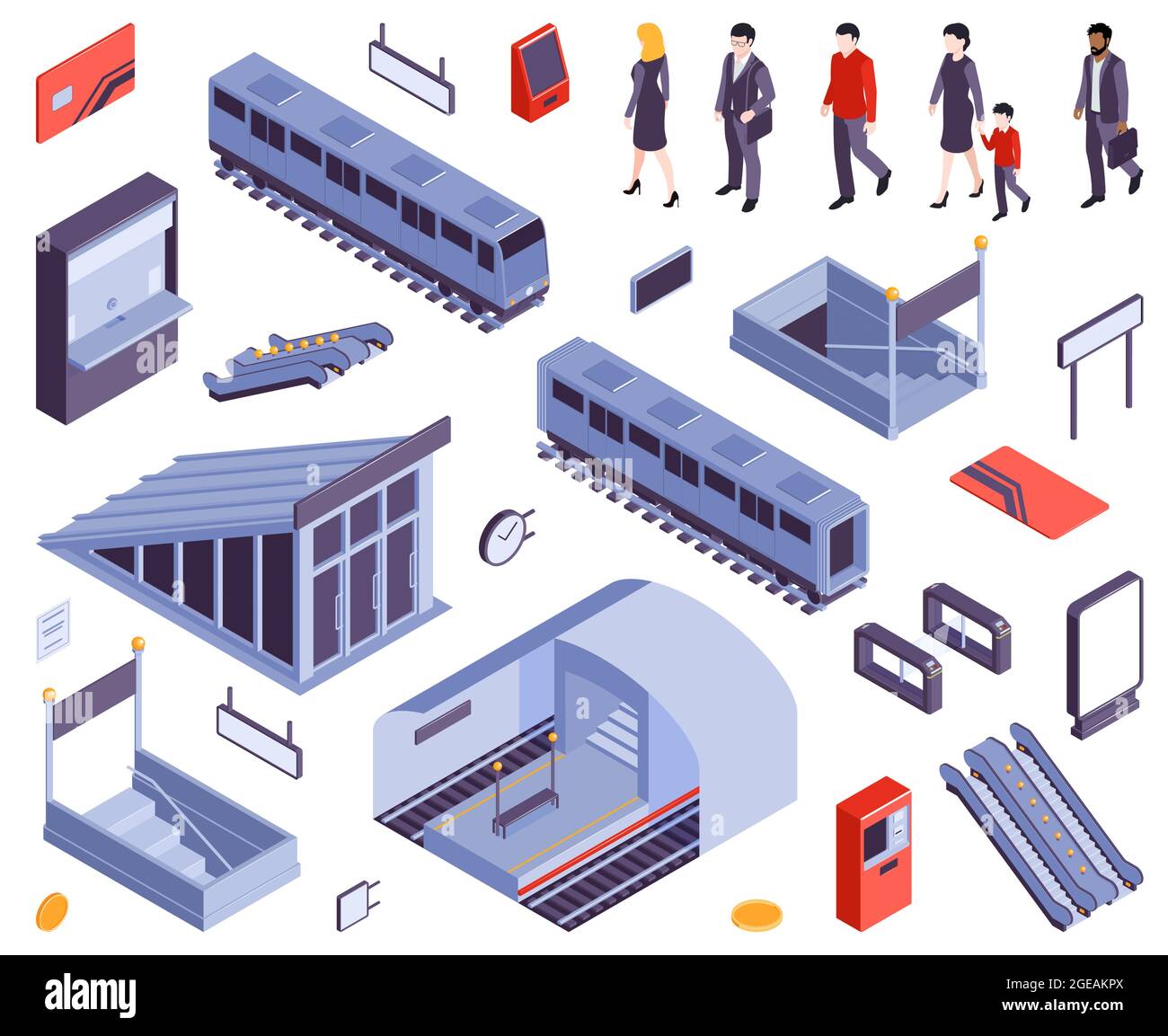 U-Bahn-Stationen Eingang Ticket Tor Ausgang Treppen Rolltreppen Zug Wagen Eisenbahn Menschen isometrischen Satz Vektor Illustration Stock Vektor