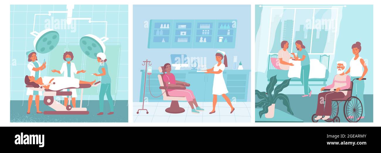 Drei flache Krankenschwestern Symbol Set Krankenschwestern unterstützen Ärzte und Patienten in der Krankenhaus-Vektor-Illustration helfen Stock Vektor