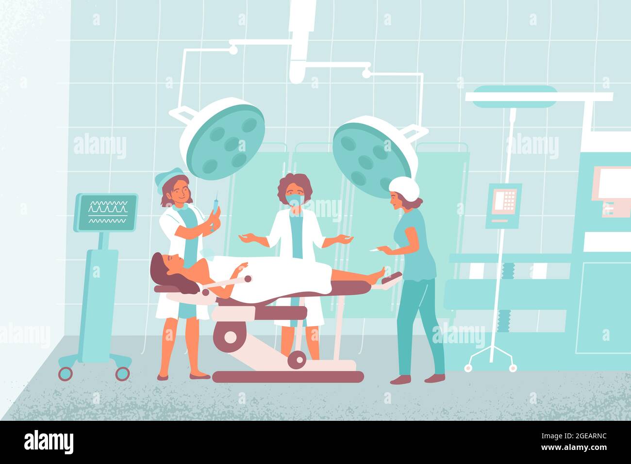 Zusammensetzung des Schwesternoperationssaal der Chirurg arbeitet im Operationssaal mit zwei Assistenten Vektordarstellung Stock Vektor