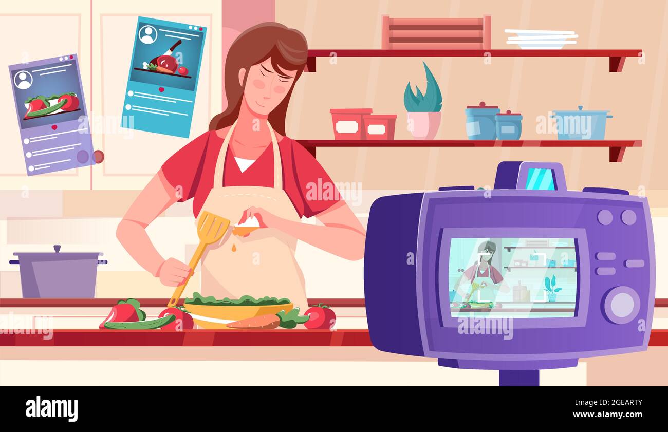 Blogger-Video flacher Hintergrund mit Frau Filmen Kochen zeigen an Küche Innenraum Vektor Illustration Stock Vektor