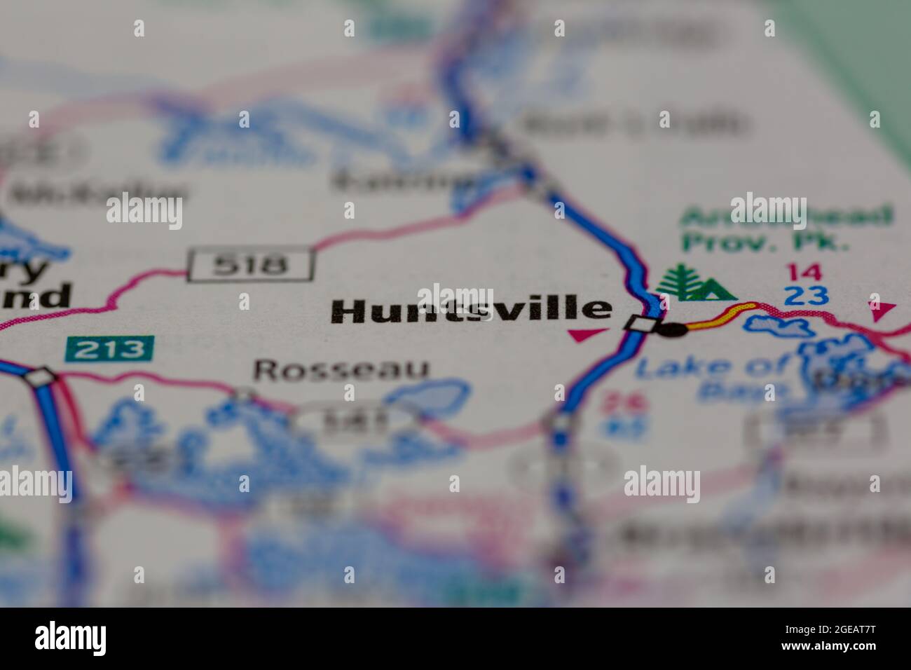 Huntsville, Ontario, Kanada, auf einer Straßenkarte oder Geografie-Karte angezeigt Stockfoto