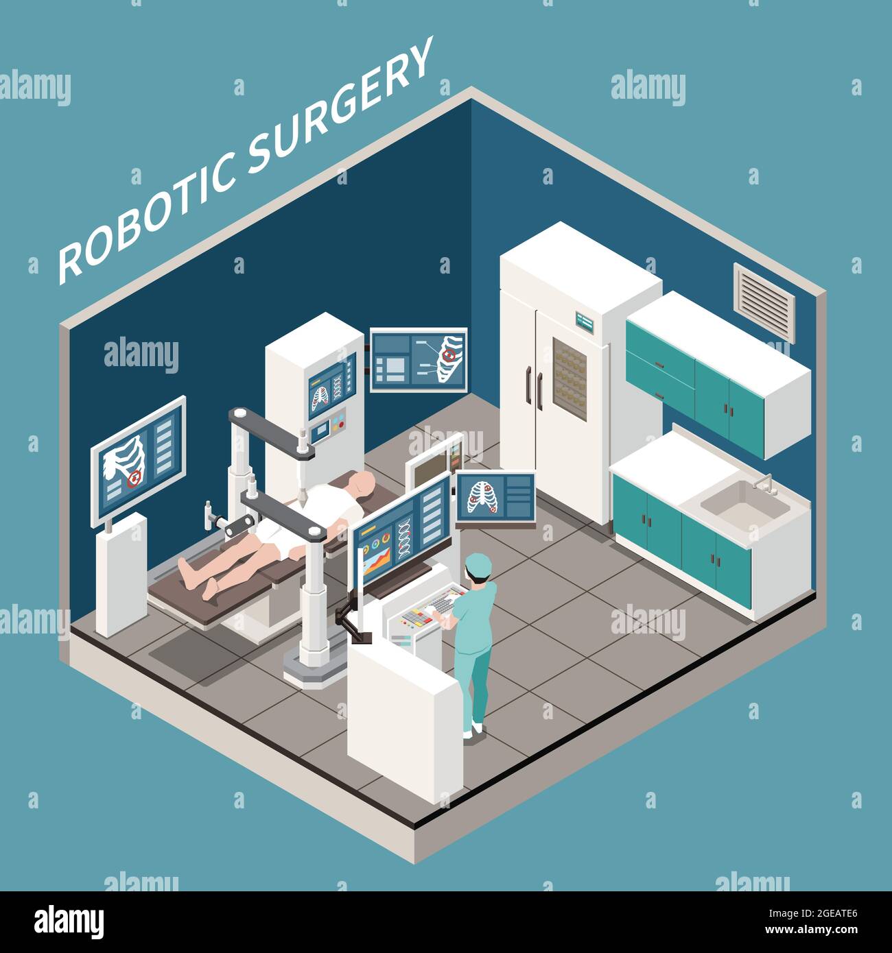 Isometrisches Konzept für die Roboterchirurgie mit Vektordarstellung der Symbole für die medizinische Behandlung Stock Vektor