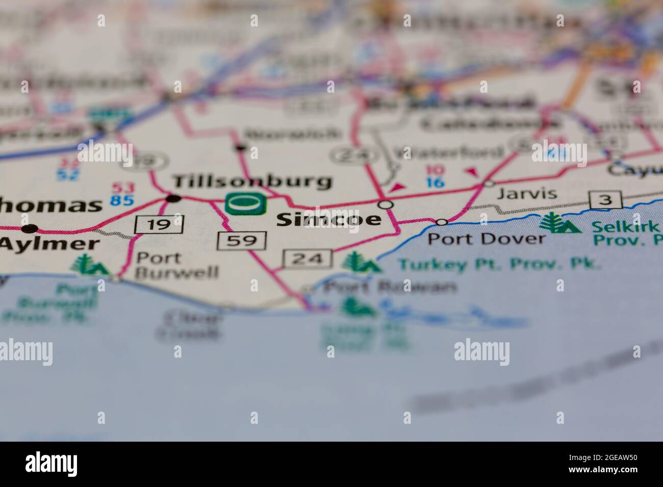 Simcoe Ontario Canada wird auf einer Straßenkarte oder Geografie-Karte angezeigt Stockfoto