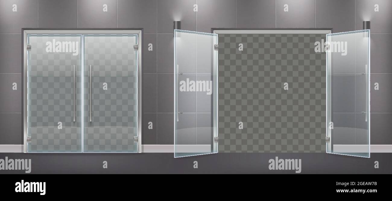 Glastür Eingang realistische Zusammensetzung mit geschlossenen und offenen Türblättern mit Metallgriffen und Seiten Vektorgrafik Stock Vektor