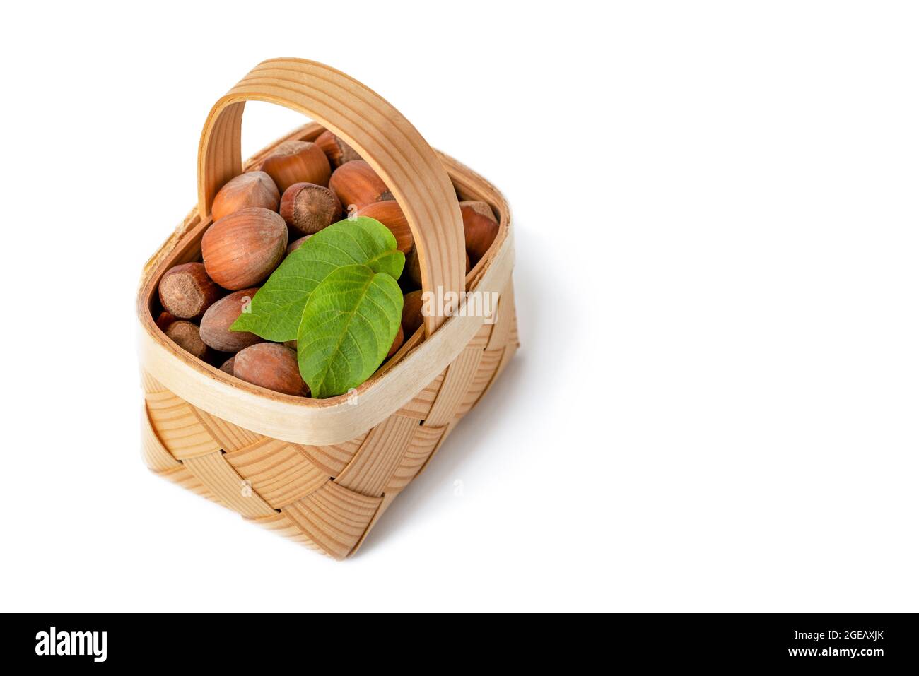 Haselnuss liegt in einem Holzkorb auf einem weißen, isolierten Hintergrund. Ungeschälte Haselnüsse in Schale und grünen Blättern Stockfoto