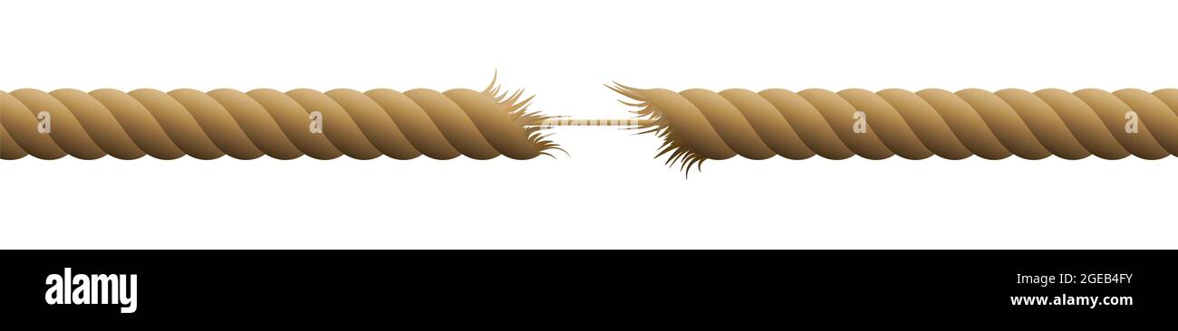 An einem Faden hängen - fast gebrochenes Seil, ausgefranste, von einer dünnen Schnur zusammengehaltene Schnur - Illustration auf weißem Hintergrund. Stockfoto