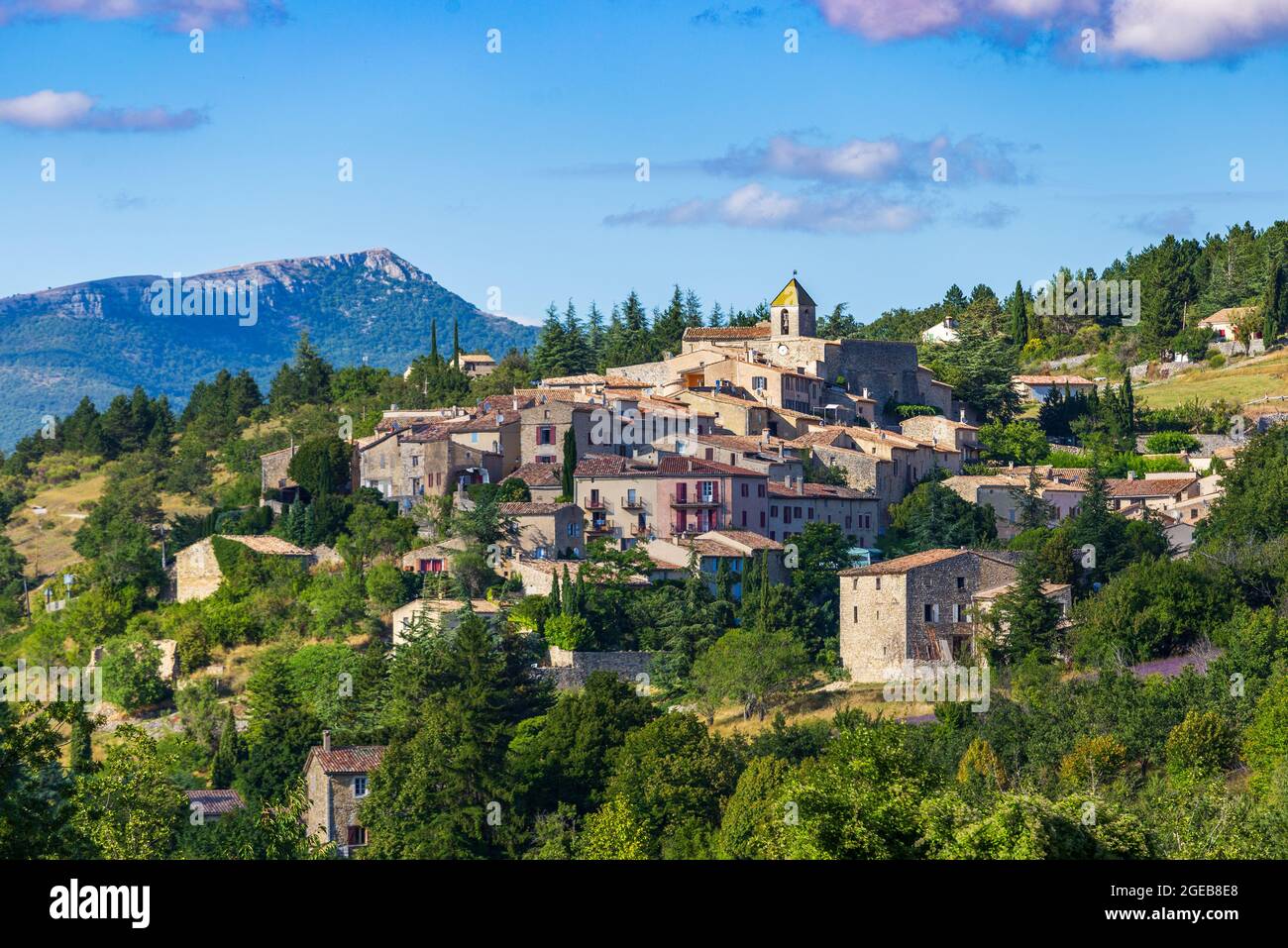 Blühende Lavendelfelder und Dorf Aurel im Hintergrund in Vaucluse, Provence-Alpes-Cote d'Azur, Frankreich Stockfoto