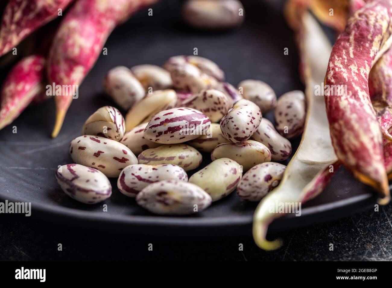 Cranberry-Bohnen. Bohnen-Pads auf dem Teller. Stockfoto
