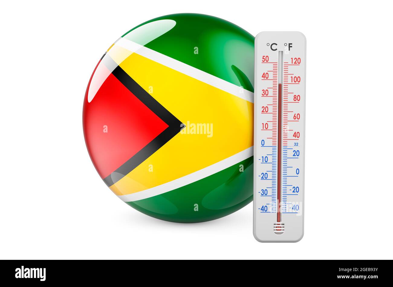 Guyanische Flagge mit Thermometer. 3D-Rendering auf weißem Hintergrund isoliert Stockfoto