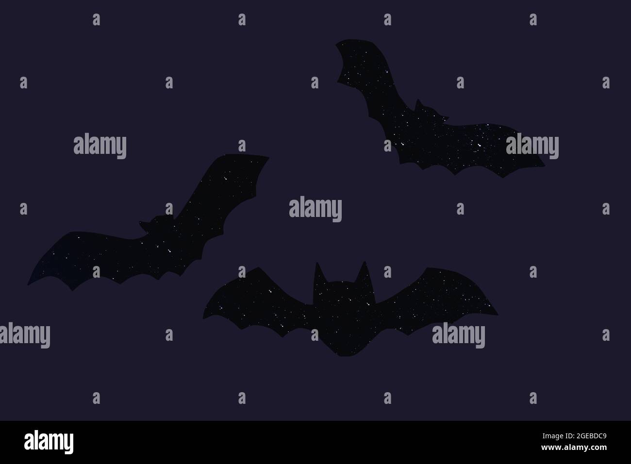 Halloween gruselige Symbol Postkarte von Vampir Fledermaus Silhouette mit Sternen vor lila Hintergrund Stockfoto
