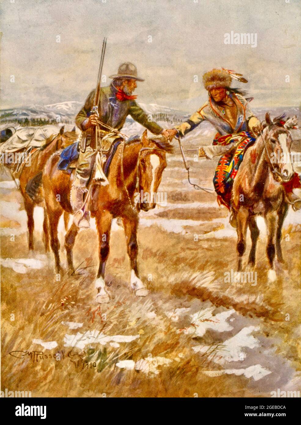 Charles Marion Russell Kunstwerk mit dem Titel The Meeting - Euro-amerikanischer Mann, hält Gewehr, zu Pferd, Hände schüttelnd mit Indianer auf dem Pferd. Stockfoto