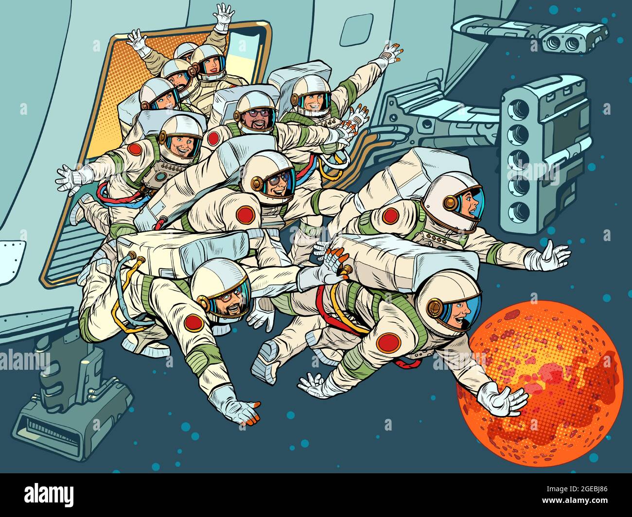 Eine Gruppe von Astronauten läuft aus einem Raumschiff zum Mars Stock Vektor