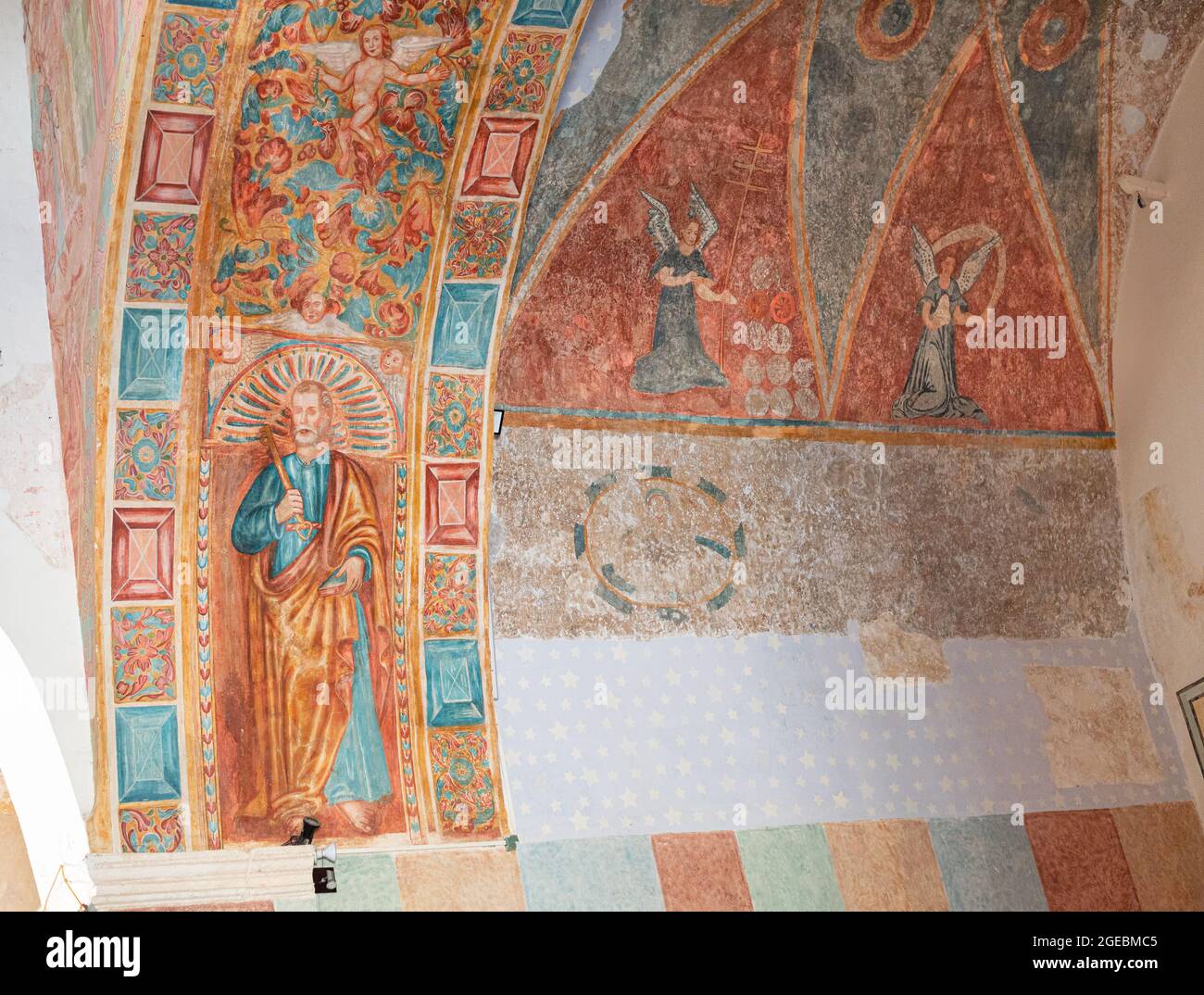 Wandbild der Kirche der Heiligen und Engel in Cholul, Yucatan, Mexiko. Stockfoto