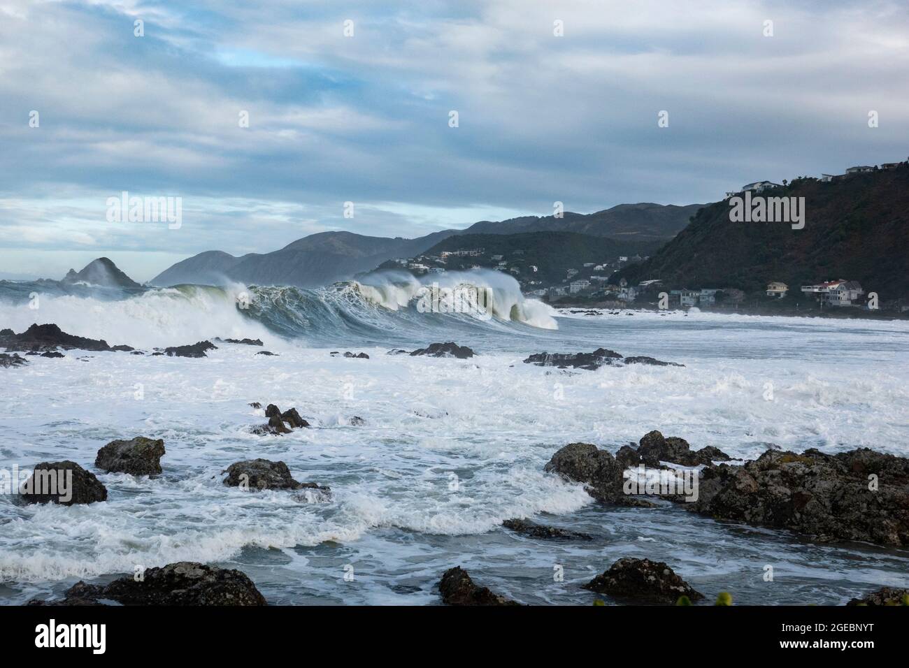 Riesige Wellen brechen in Houghton Bay, Wellington, Neuseeland, ein Stockfoto