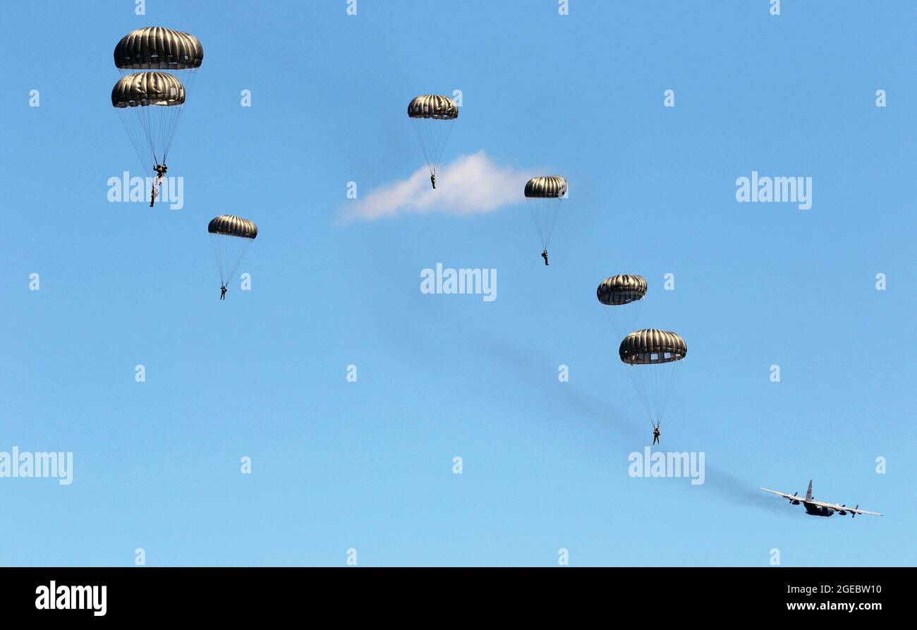 Soldaten der 294. Quartermaster Company, der 338. Quartermaster Company, der Texas Army National Guard, der 3. Special Forces Group, Soldaten der Special Forces Group der Lettischen Armee und des 4. Bataillons der Britischen Armee, des Fallschirmregiments (4 PARA), Sprung und Fallschirm aus einem C-130 Hercules Flugzeug über Camp Greyling Joint Maneuver Training Center, Greyling, Michigan, 13. August 2021. Die Dienstmitglieder führten während des Northern Strike 21 gemeinsame Flugtrainings durch, was eine Gelegenheit darstellt, während der Schulung in Reali Bereitschaft und Interoperabilität mit anderen Einheiten und multinationalen Partnern aufzubauen Stockfoto Soldaten der 294. Quartermaster Company, der 338. Quartermaster Company, der Texas Army National Guard, der 3. Special Forces Group, Soldaten der Special Forces Group der Lettischen Armee und des 4. Bataillons der Britischen Armee, des Fallschirmregiments (4 PARA), Sprung und Fallschirm aus einem C-130 Hercules Flugzeug über Camp Greyling Joint Maneuver Training Center, Greyling, Michigan, 13. August 2021. Die Dienstmitglieder führten während des Northern Strike 21 gemeinsame Flugtrainings durch, was eine Gelegenheit darstellt, während der Schulung in Reali Bereitschaft und Interoperabilität mit anderen Einheiten und multinationalen Partnern aufzubauen Stockfoto