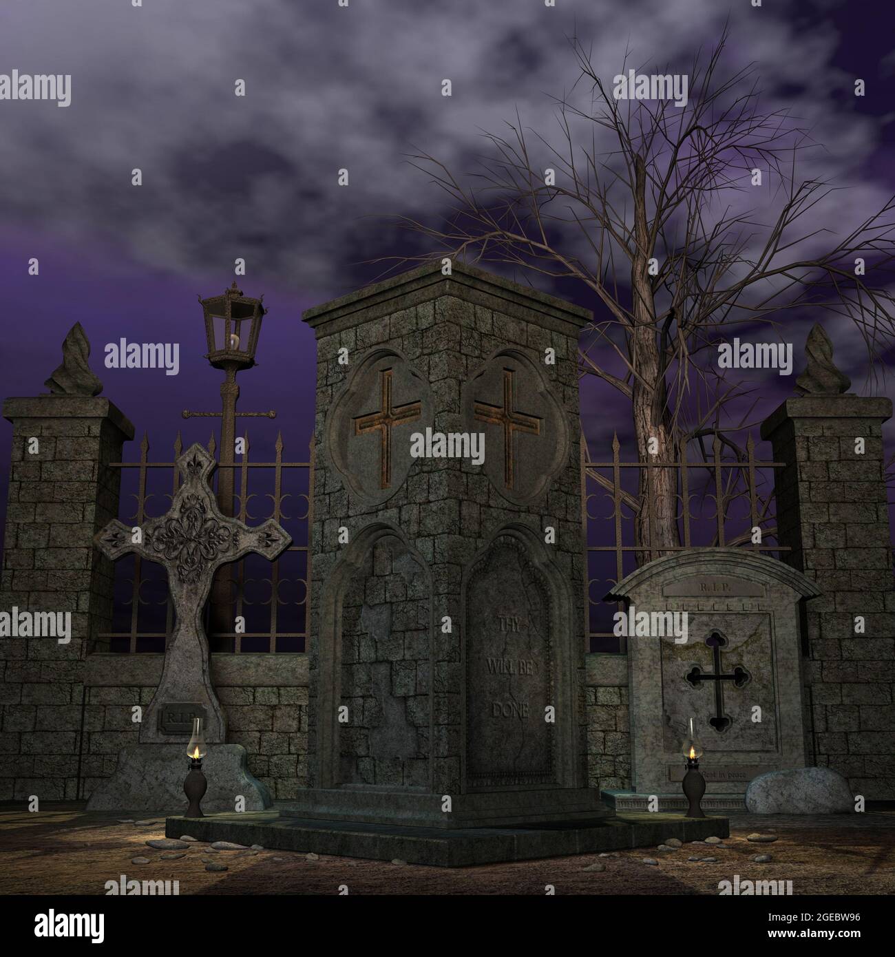 3d-Illustration eines Fantasy-Friedhofs, gruselige Halloween-Szene Stockfoto