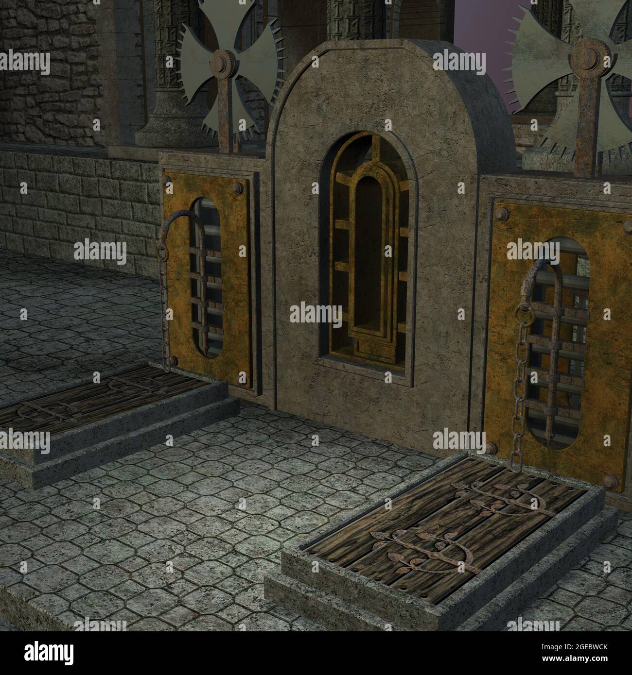 3d-Illustration eines Fantasy-Friedhofs, gruselige Halloween-Szene Stockfoto
