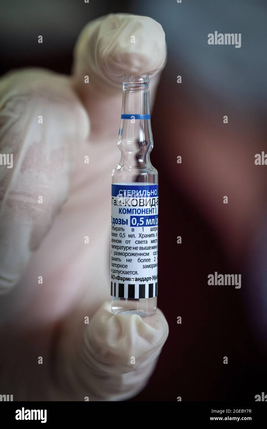 Tambow, Russland. August 2021. Eine Krankenschwester der Poliklinik Nr. 2 hält die erste Komponente des Gam-Covid-VAC-Coronavirus-Impfstoffs (Sputnik V). Mehr als 40 Millionen Russen haben mindestens eine Dosis des Coronavirus-Impfstoffs erhalten. Das sind 34.7 % der erwachsenen Bevölkerung des Landes. (Foto von Lev Vlasov/SOPA Images/Sipa USA) Quelle: SIPA USA/Alamy Live News Stockfoto