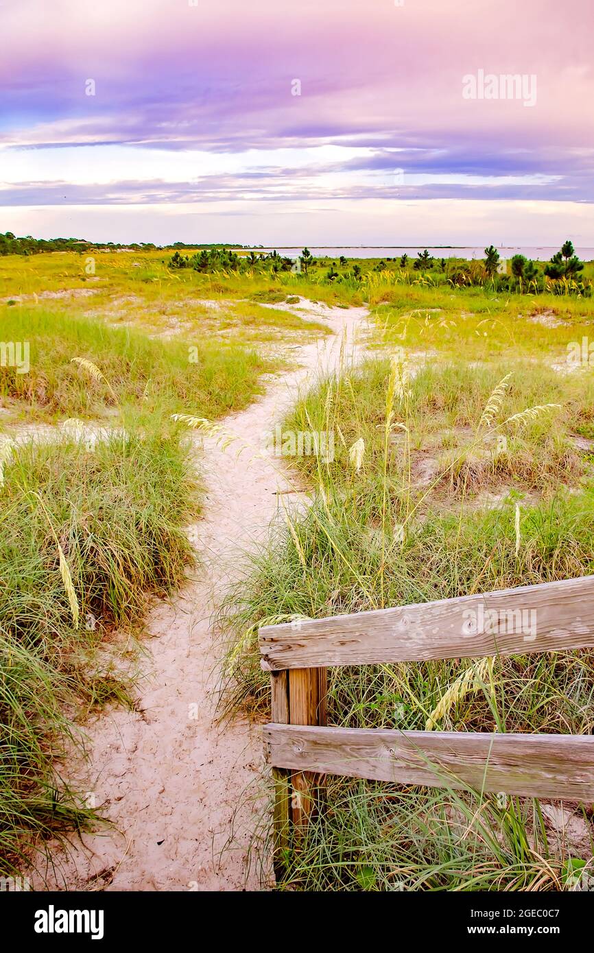 Schritte führen zu einem Wanderweg auf der Pelican Peninsula am 12. August 2021 in Dauphin Island, Alabama. Stockfoto