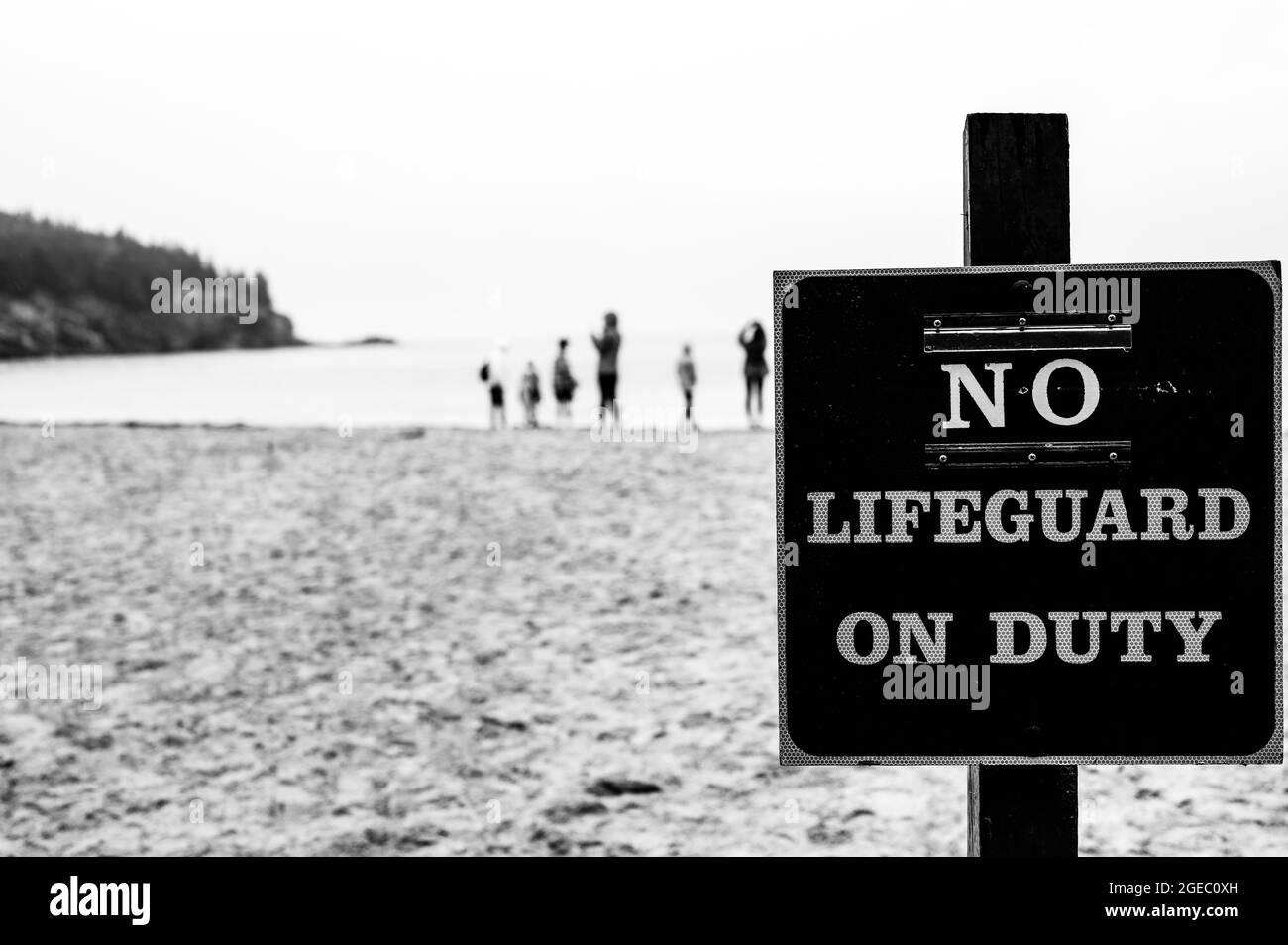 Schild an einem Sandstrand mit der Aufschrift „No Lifeguard on Duty“ Stockfoto