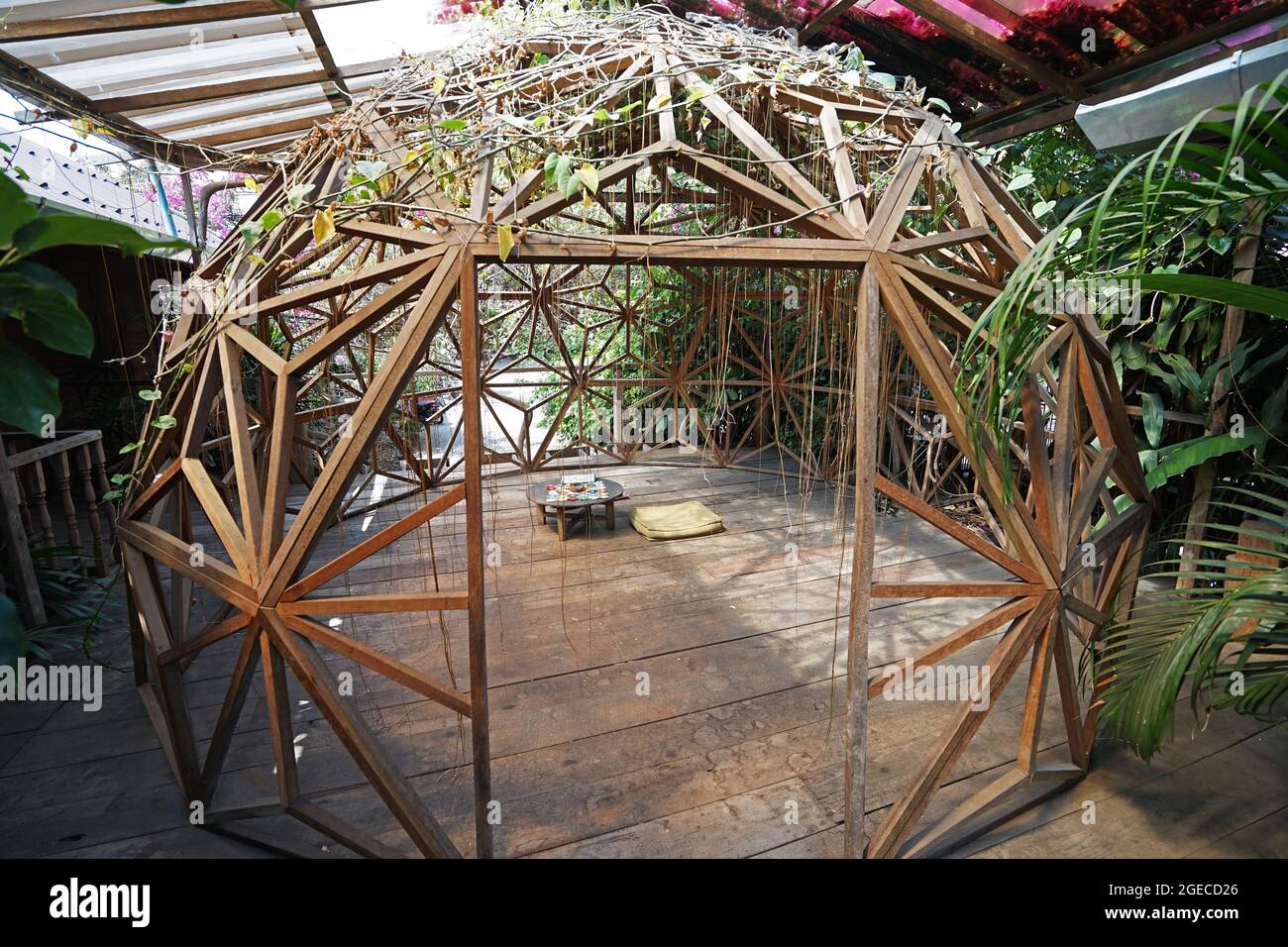 Außendesign und Architektur der hölzernen Iglu-Haus-Villa inmitten eines grünen Gartenparks Stockfoto