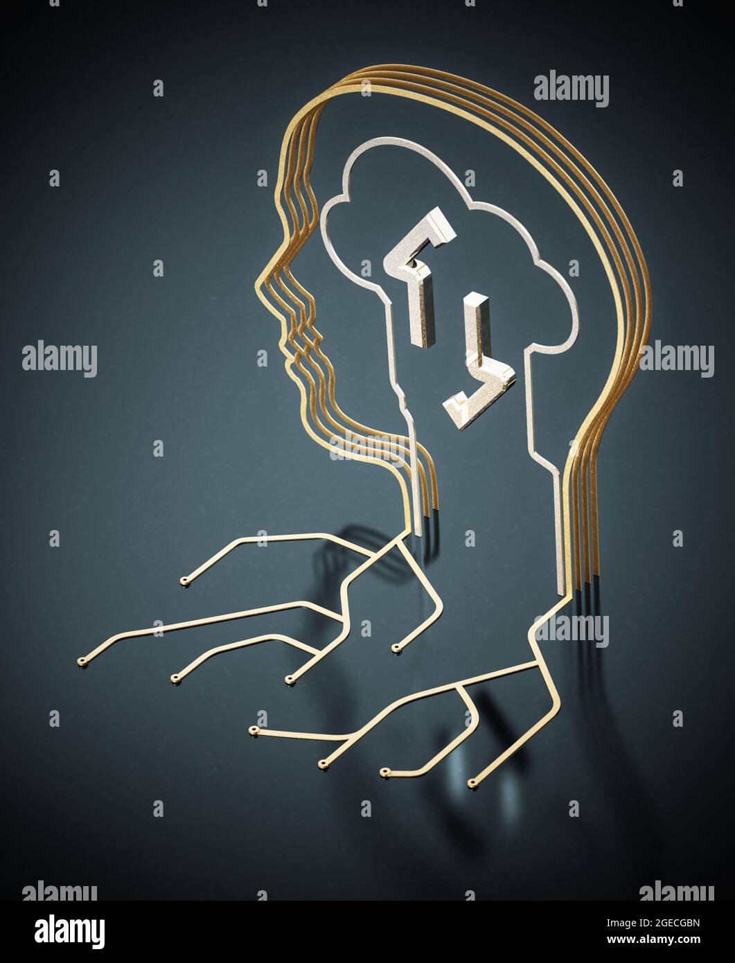 Leiterplattenkabel, die eine Kopfform bilden. Interaktionskonzept Mensch und Maschine. 3D-Illustration. Stockfoto