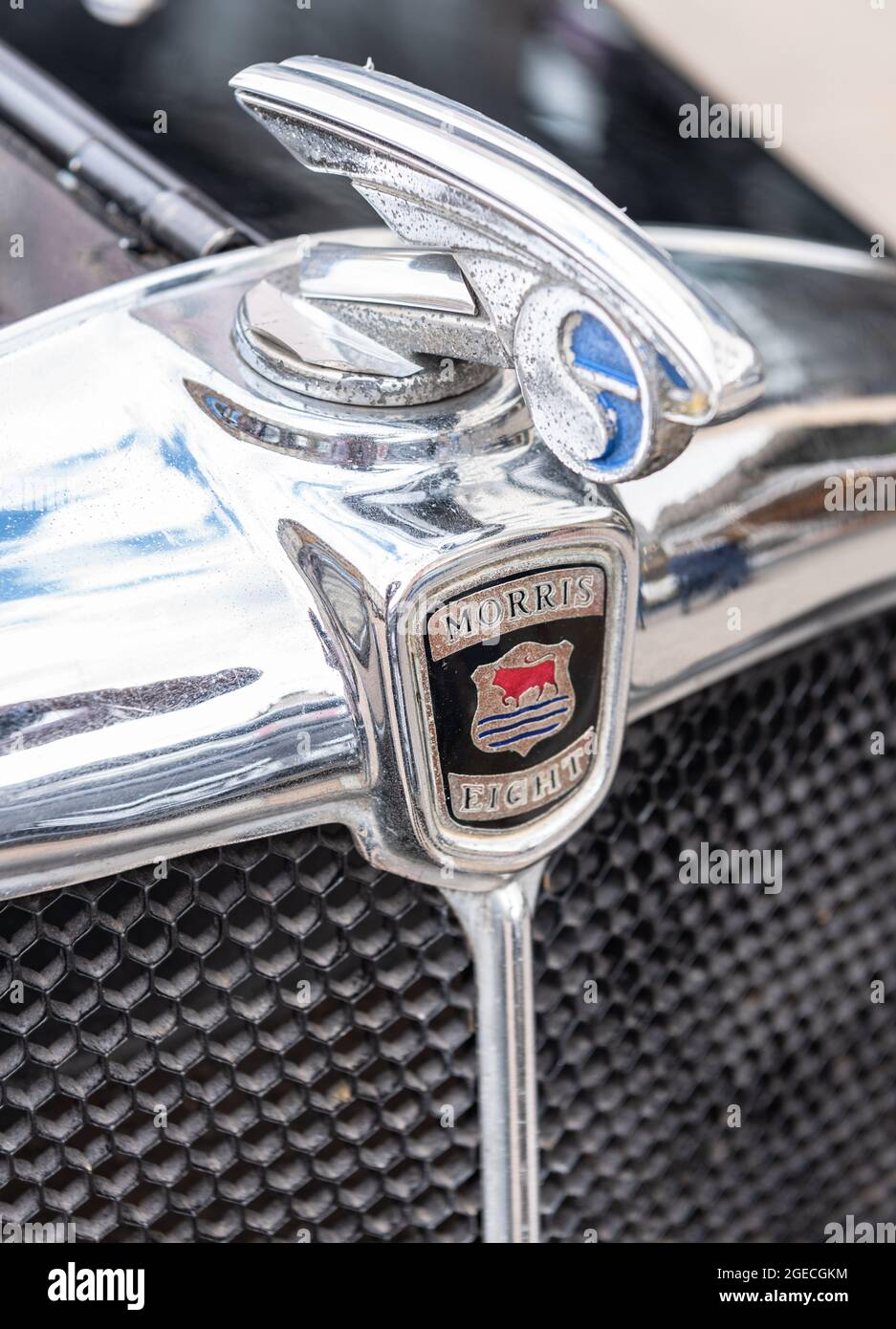 Nahaufnahme des alten Morris Eight Kühlergrills und Emblems Stockfoto
