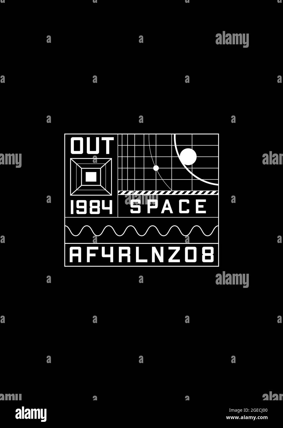 Space 1984 T-Shirt und Bekleidungsdesign mit den Elementen der Raumästhetik der 1980er Jahre, Gittern mit Planeten und Umlaufbahnen. Retrofuturistische Schnittstelle. Schwarz Stock Vektor