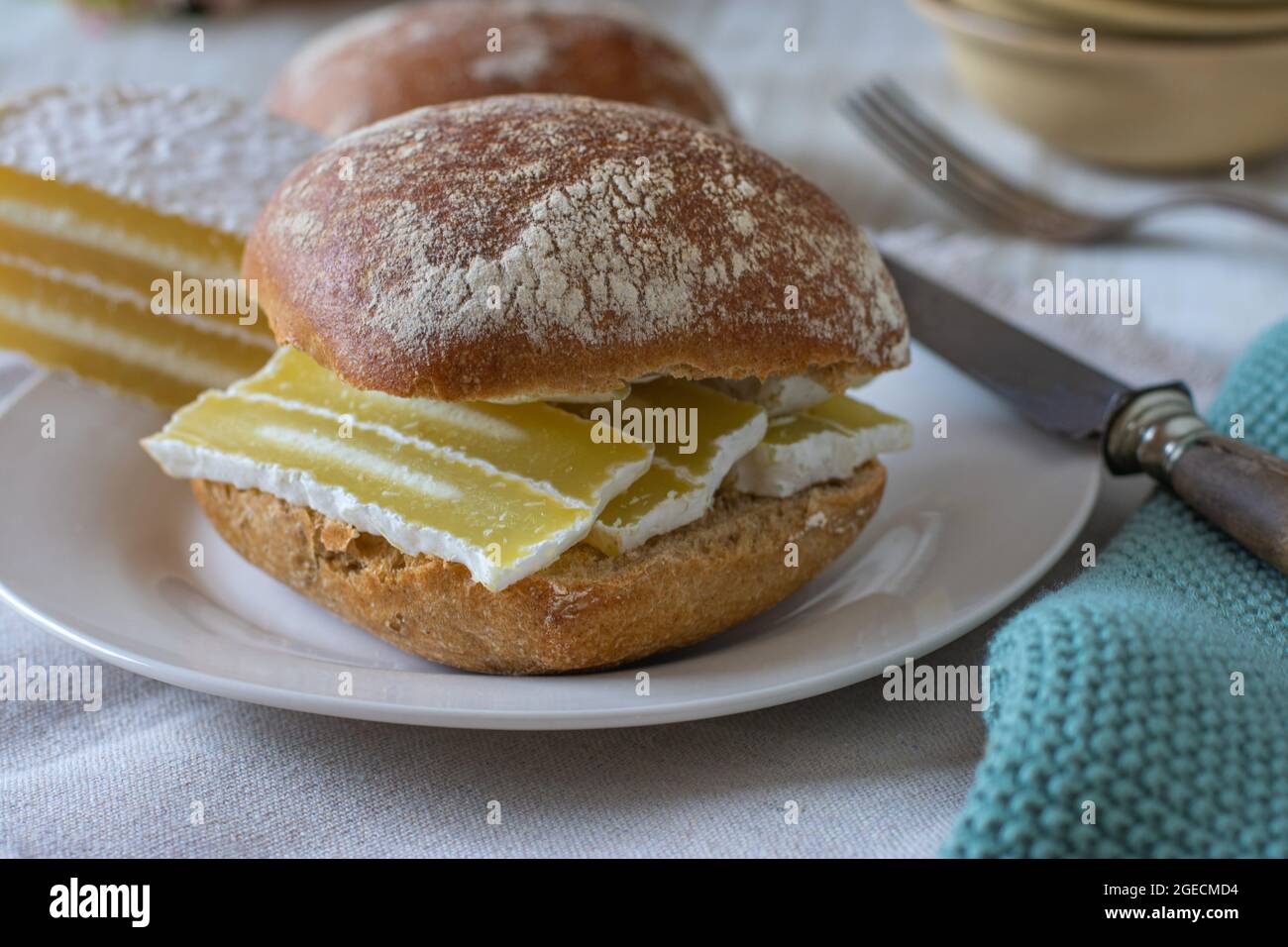 Sandwich mit traditionellem deutschen Roggenbrötchen und mit fettarmer Sauermilchkäse oder harzer-Rolle. Serviert auf einem Teller auf rustikalem und hölzernen Tisch Stockfoto