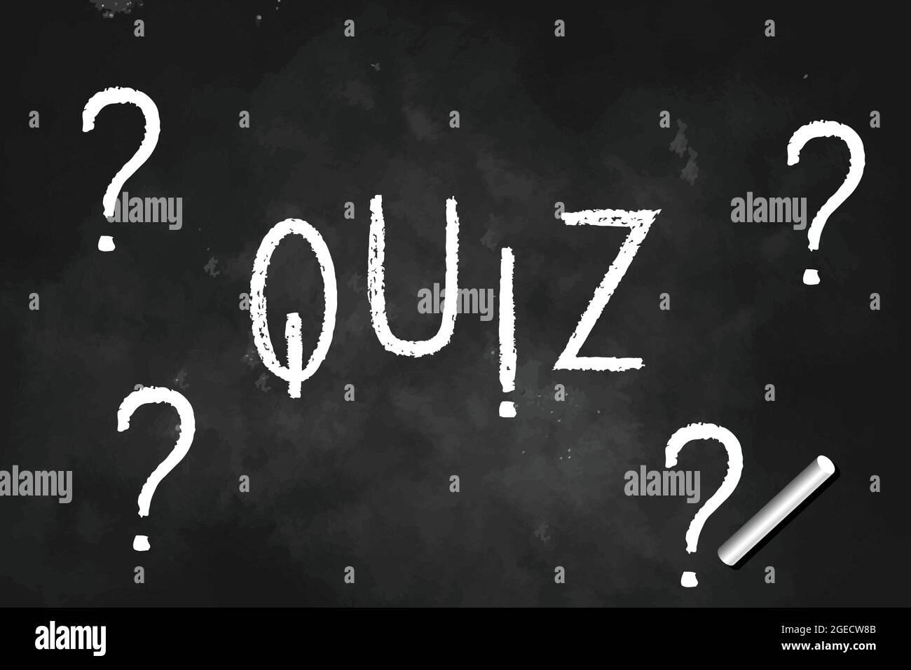 Quiz und Fragezeichen gezeichnet mit weißer Kreide auf schwarzer Tafel Vektorgrafik Stock Vektor