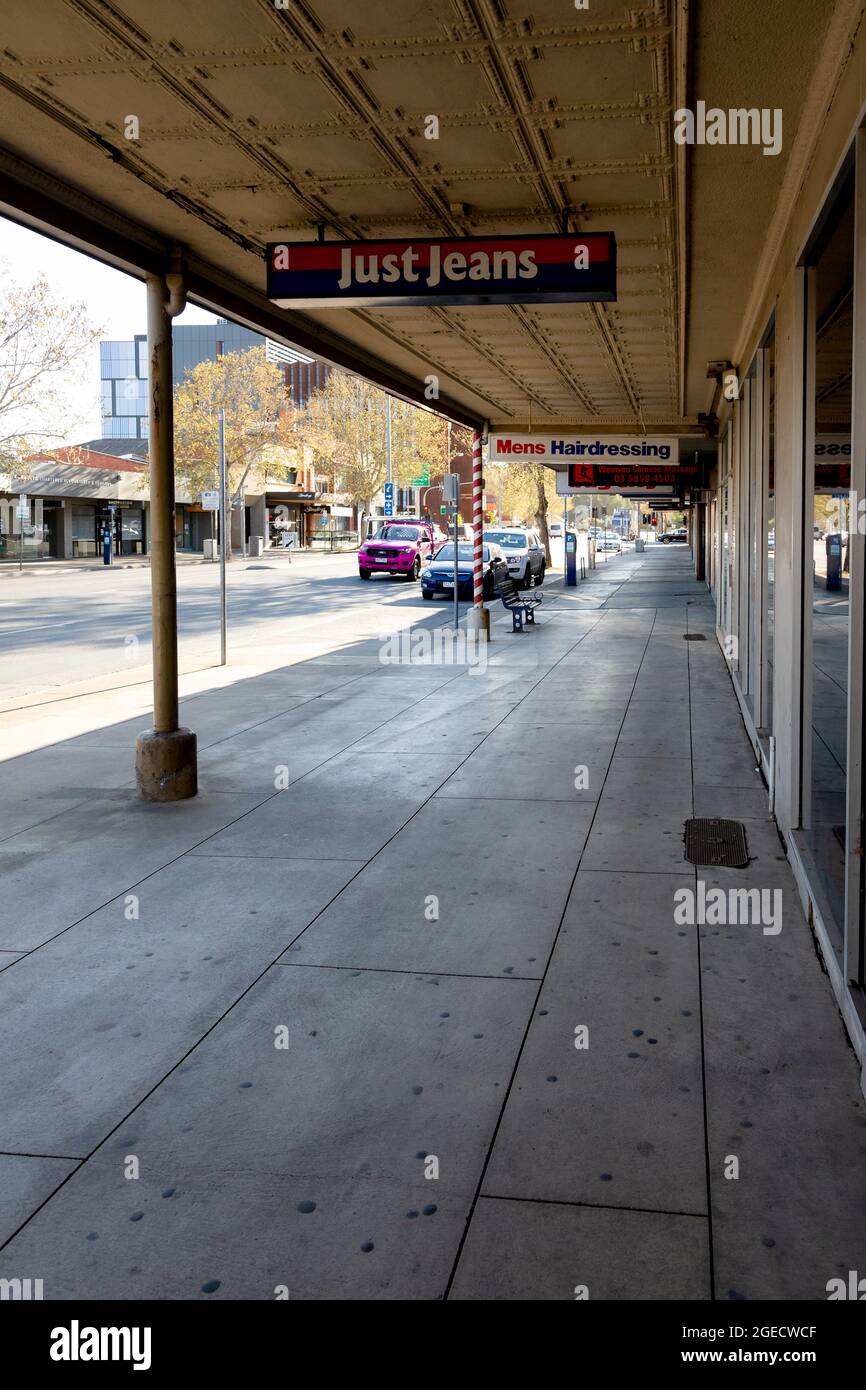 Shepparton, Australien, 16. September 2020. Ein Blick auf die leeren Straßen von Shepparton während der COVID-19 in Melbourne, Australien. Premier Daniel Andrews gab gestern bekannt, dass die Region Victoria zu Schritt 3 der Roadmap übergehen wird. Für Shepparton, im Zentrum von Victoria, scheint dies zu wenig, zu spät zu sein. Kredit: Dave Hewison/Speed Media/Alamy Live Nachrichten Stockfoto