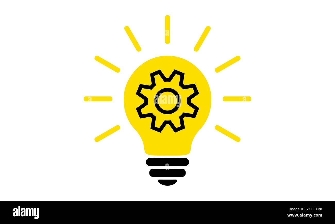 Gelbe Glühlampe, flaches Symbol. Beleuchtung elektrische Lampe mit Zahnrad (Getriebe) innen und Strahlen, einfaches Piktogramm. Vektor Grafik Design Element. Kreativ i Stock Vektor