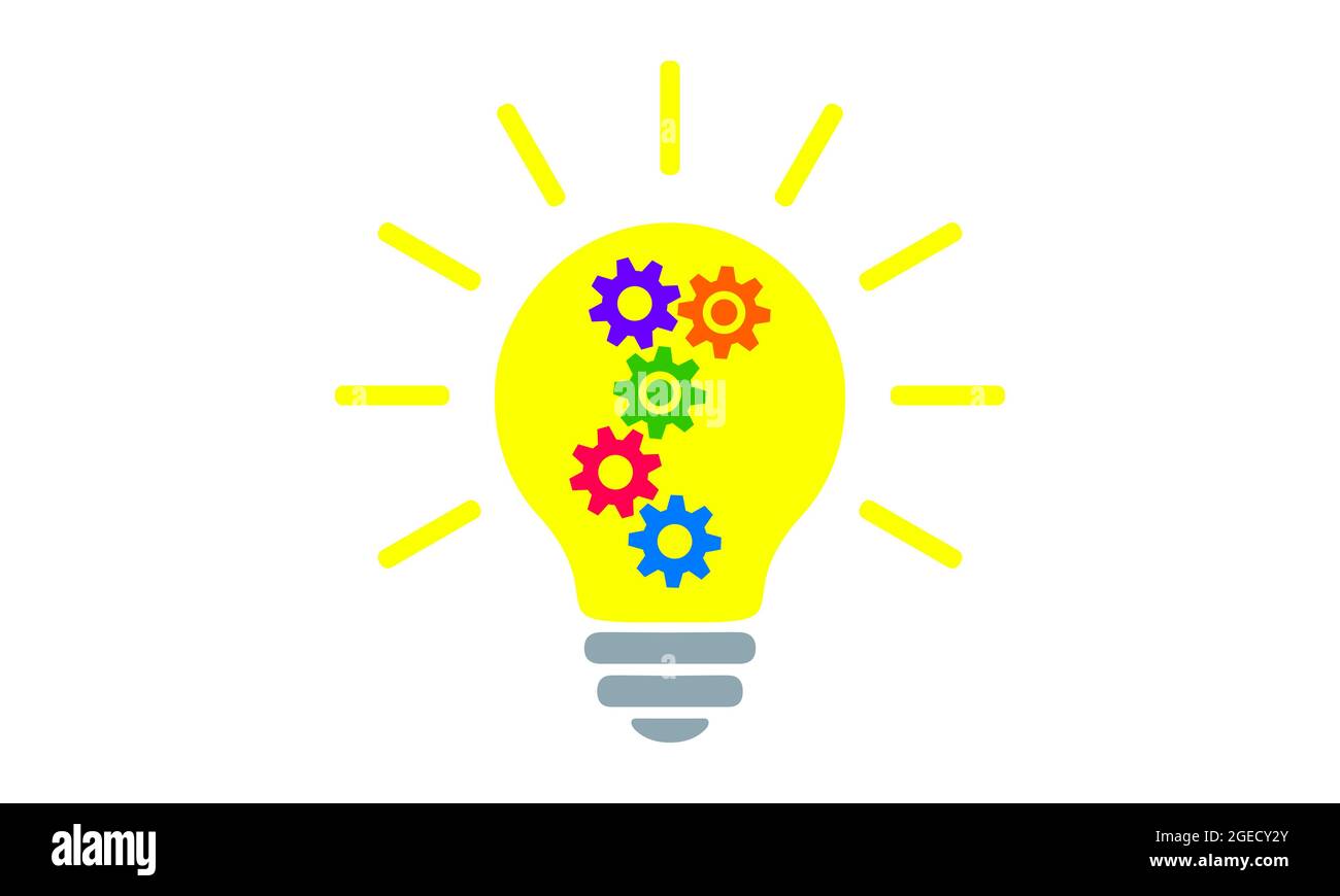 Symbol für die flache Glühlampe. Beleuchtung elektrische Lampe mit bunten Zahnrad und Zahnräder innen und Strahlen, einfaches Piktogramm. Vektor Grafik Design Element. C Stock Vektor