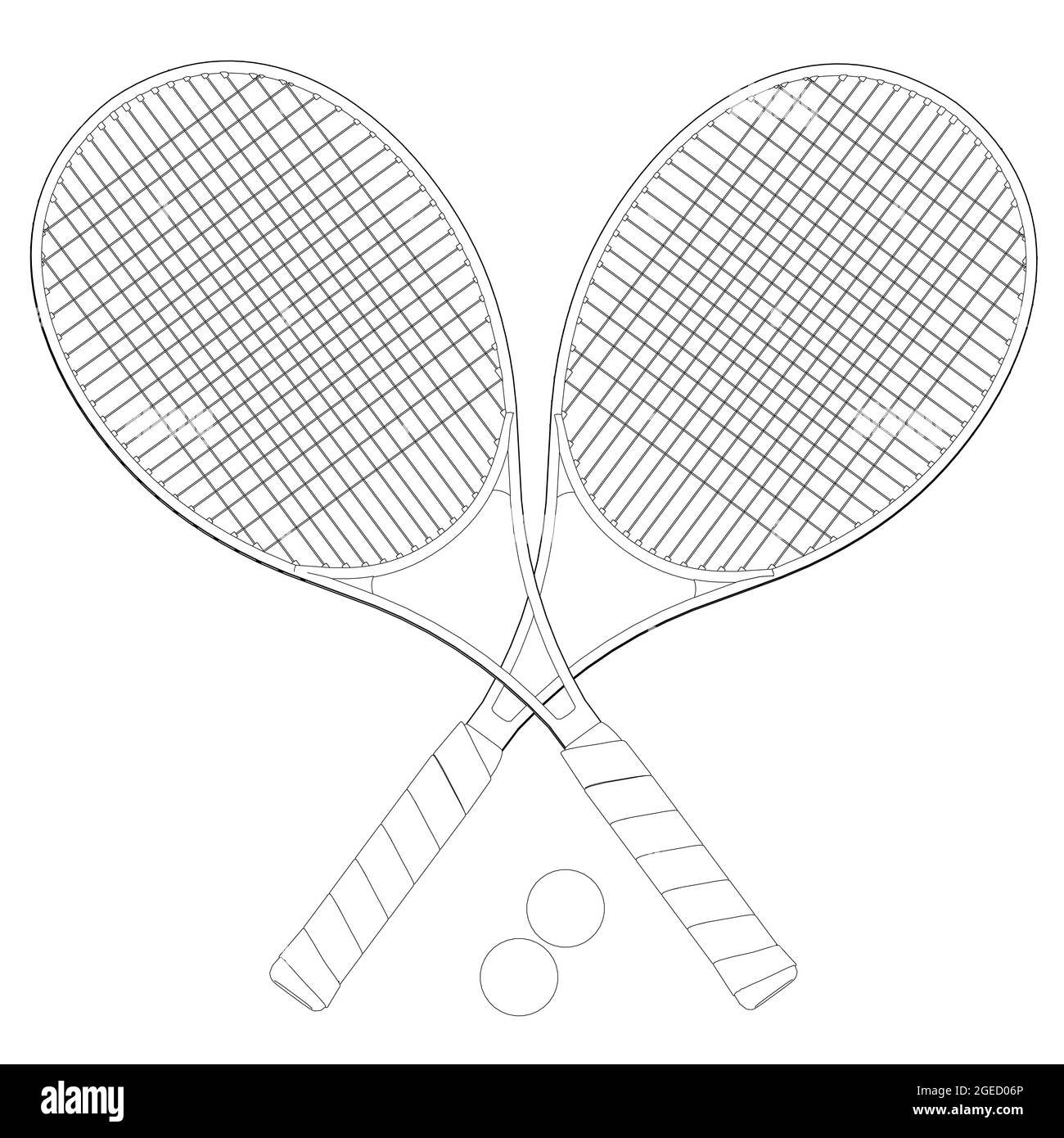 Kontur von zwei gekreuzten Tennisschlägern mit Kugeln aus schwarzen Linien isoliert auf weißem Hintergrund. Blick von oben. Vektorgrafik. Stock Vektor