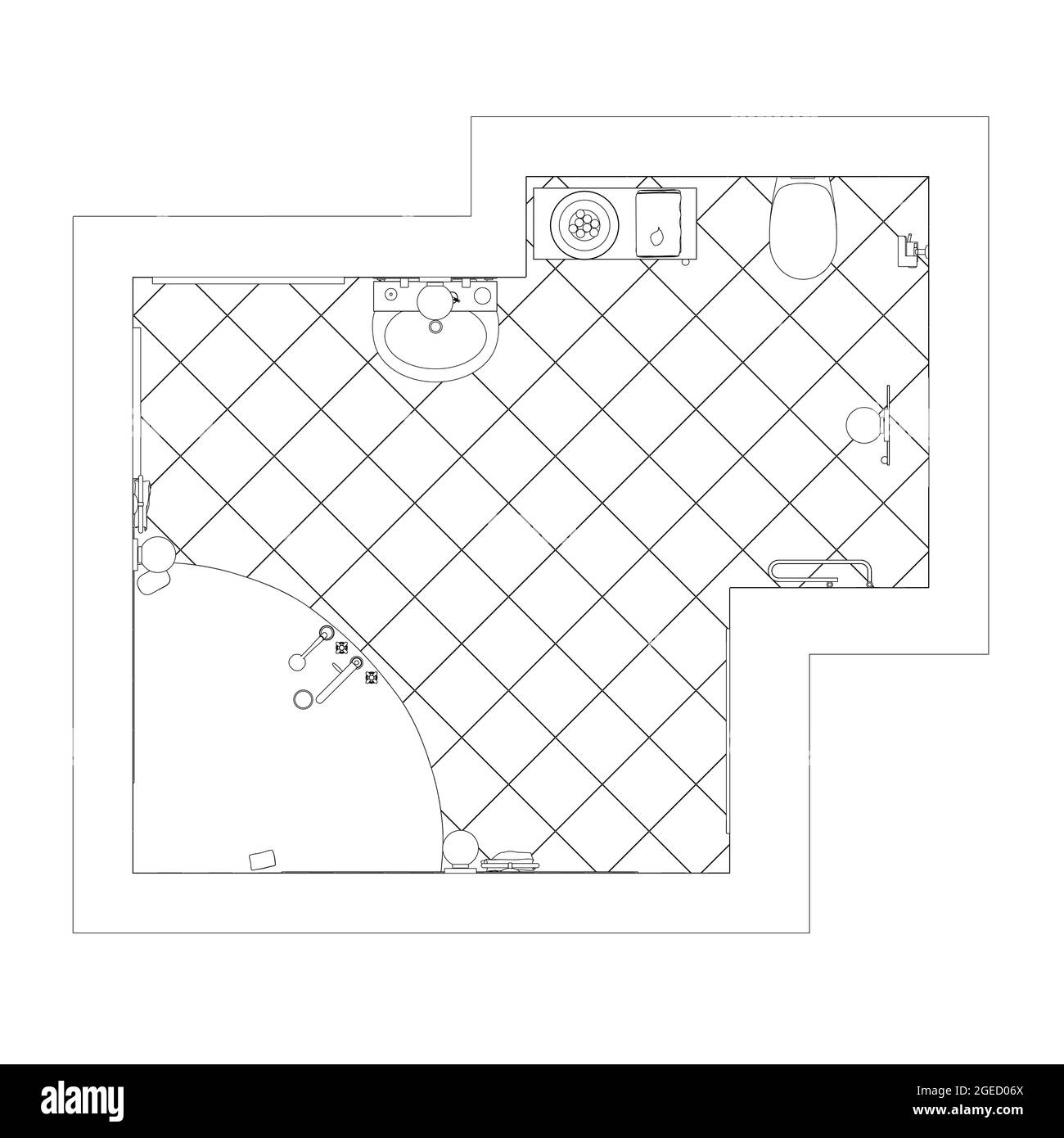 Die Grundrisse des Badezimmers sind von schwarzen Linien auf weißem Hintergrund isoliert. Blick von oben. Vektorgrafik. Stock Vektor