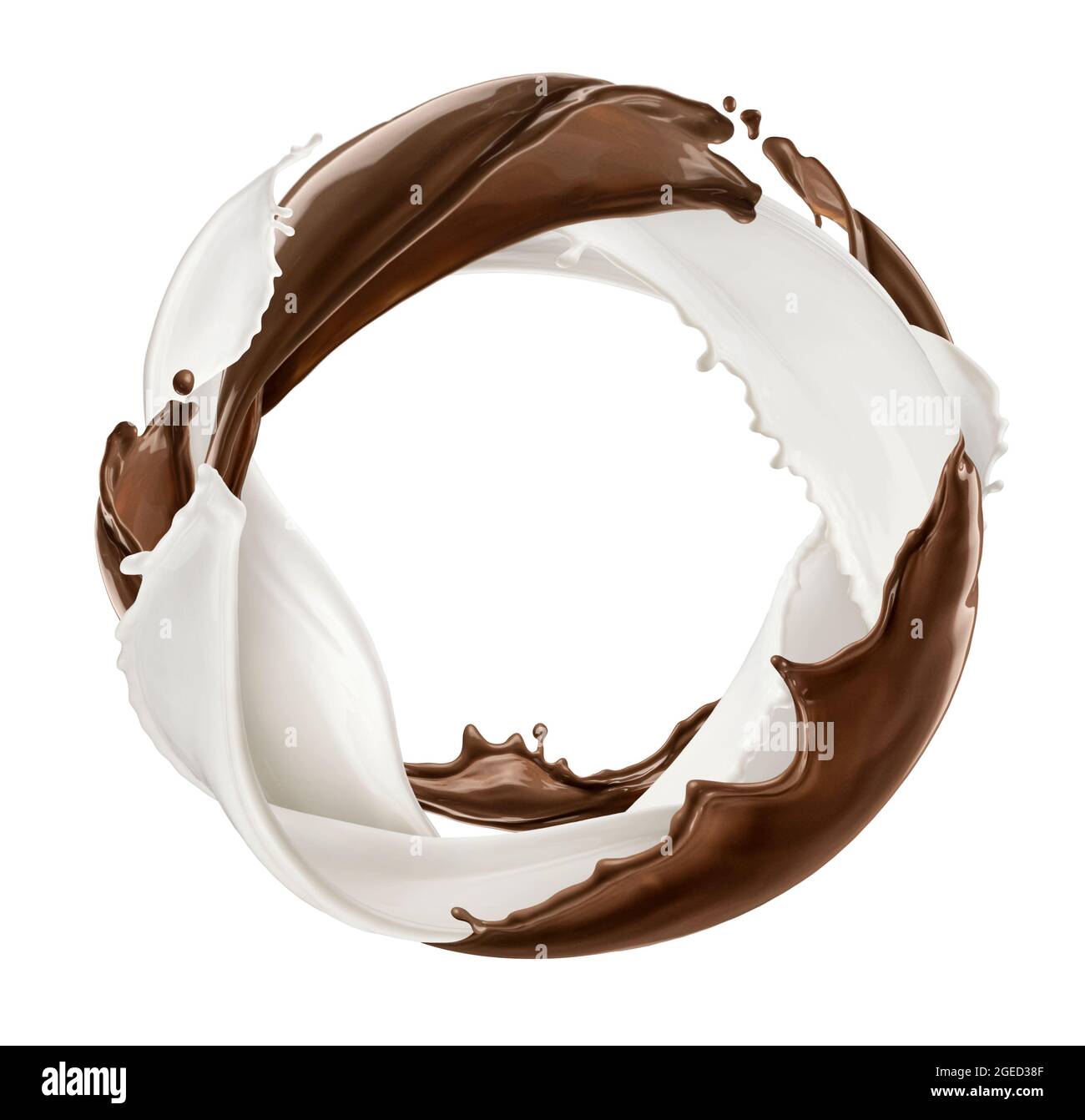 Runde Schokoladenspritzer mit isolierter Milchcreme Stockfoto