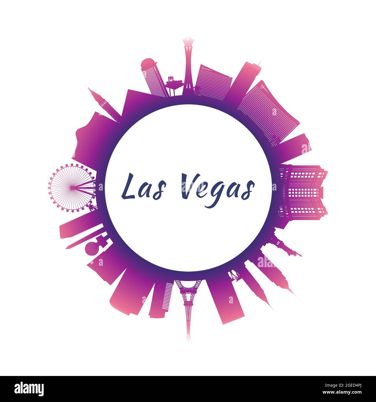 Silhouette Las Vegas Skyline mit bunten Gebäuden. Bild für Präsentations-Banner und Website. Kreisstil. Vektorgrafik. Stock Vektor